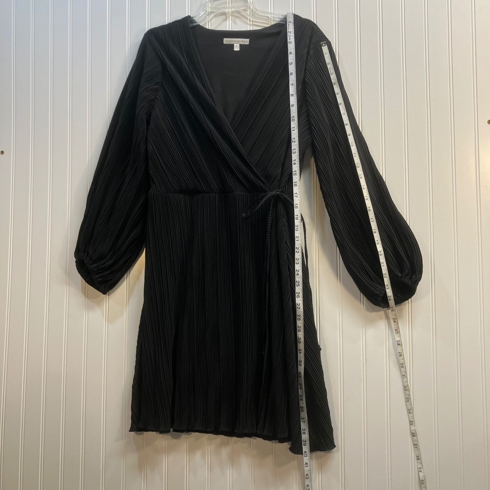 Sandra Darren Womens Black Pleated Wrap Mini Dress Long Balloon Sleeve Size L - Picture 9 of 10